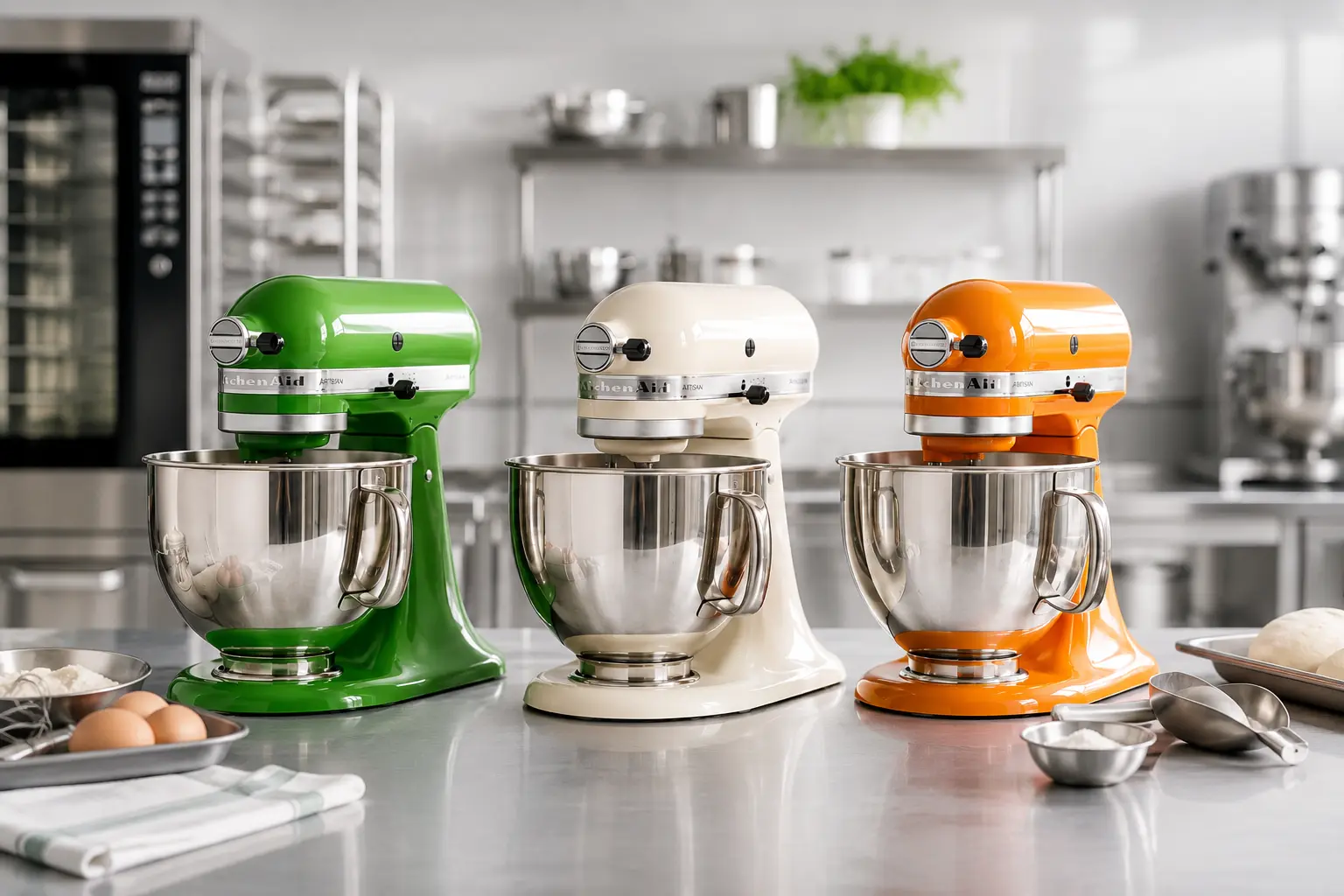 Three Kitchenaid style stand mixers in green, white and orange on a stainless steel counter in a professional kitchen.