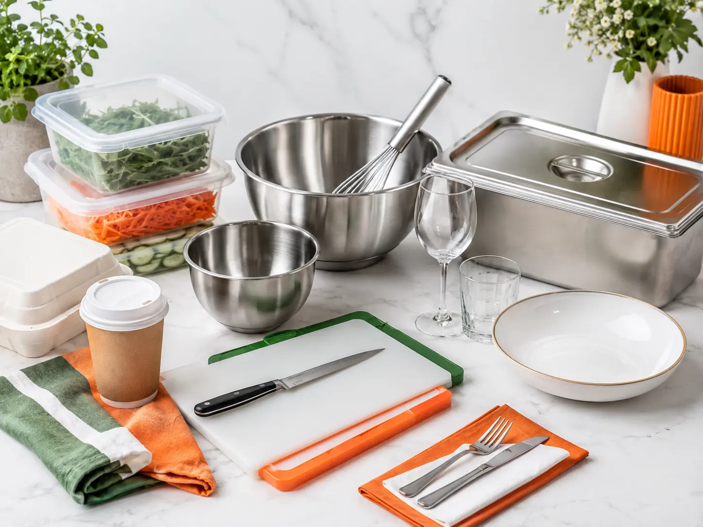 Selection of catering supplies including stainless steel bowls, food storage containers, glassware, takeaway packaging, chopping boards and tableware with Irish flag colour accents.