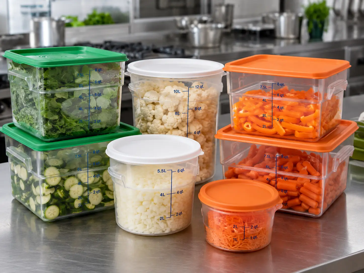 Cambro containers with green, white and orange lids holding fresh ingredients in a commercial kitchen