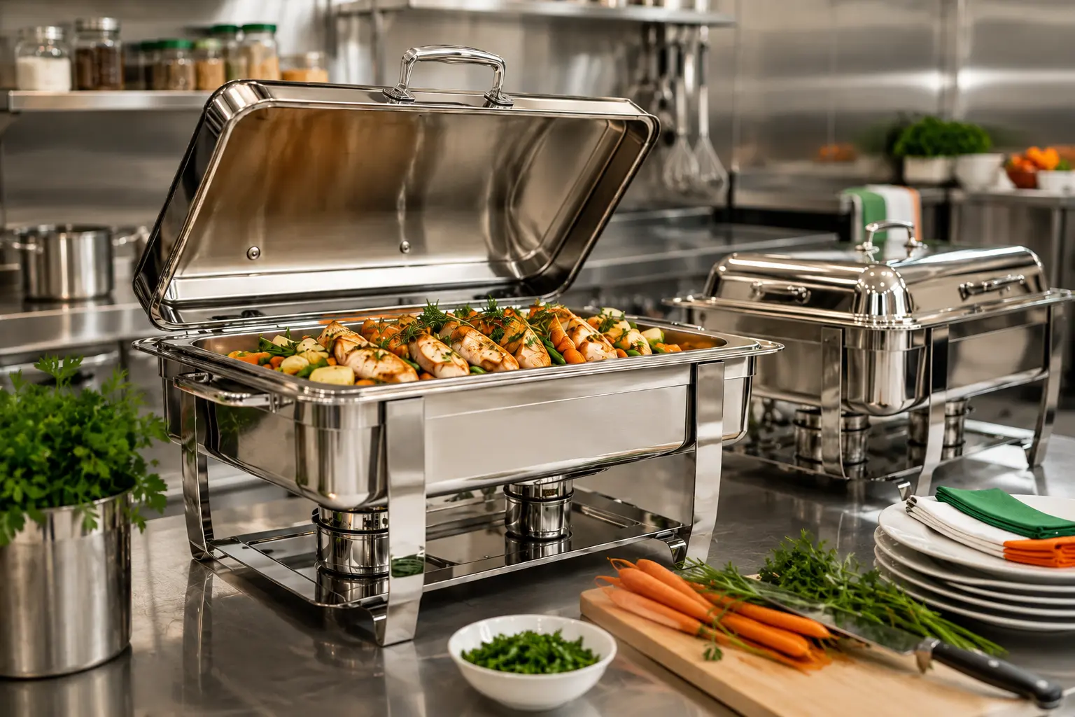 Stainless steel chafing dishes with hot food in a commercial kitchen, styled with subtle green, white and orange details.