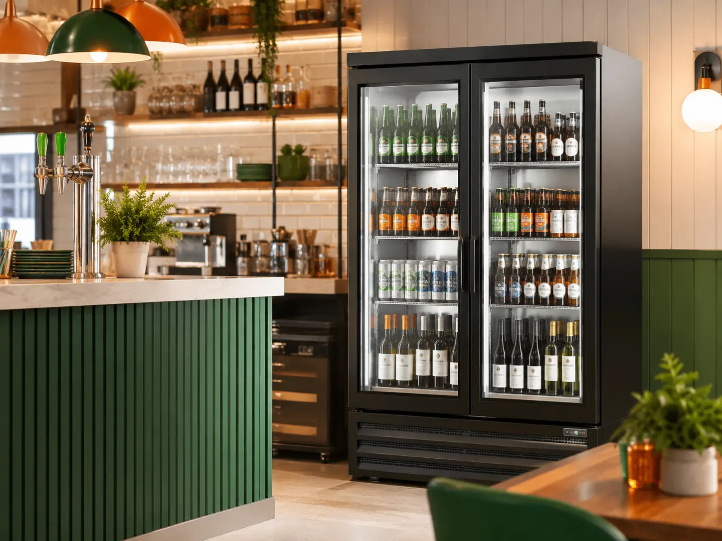 Commercial glass-door beer fridge stocked with bottles and cans in a modern licensed café with green, white and orange décor