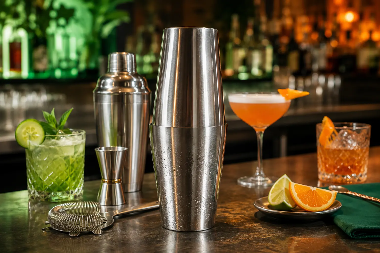 Stainless steel cocktail shakers and bar tools in a busy professional bar with green, white and orange Irish-inspired lighting.