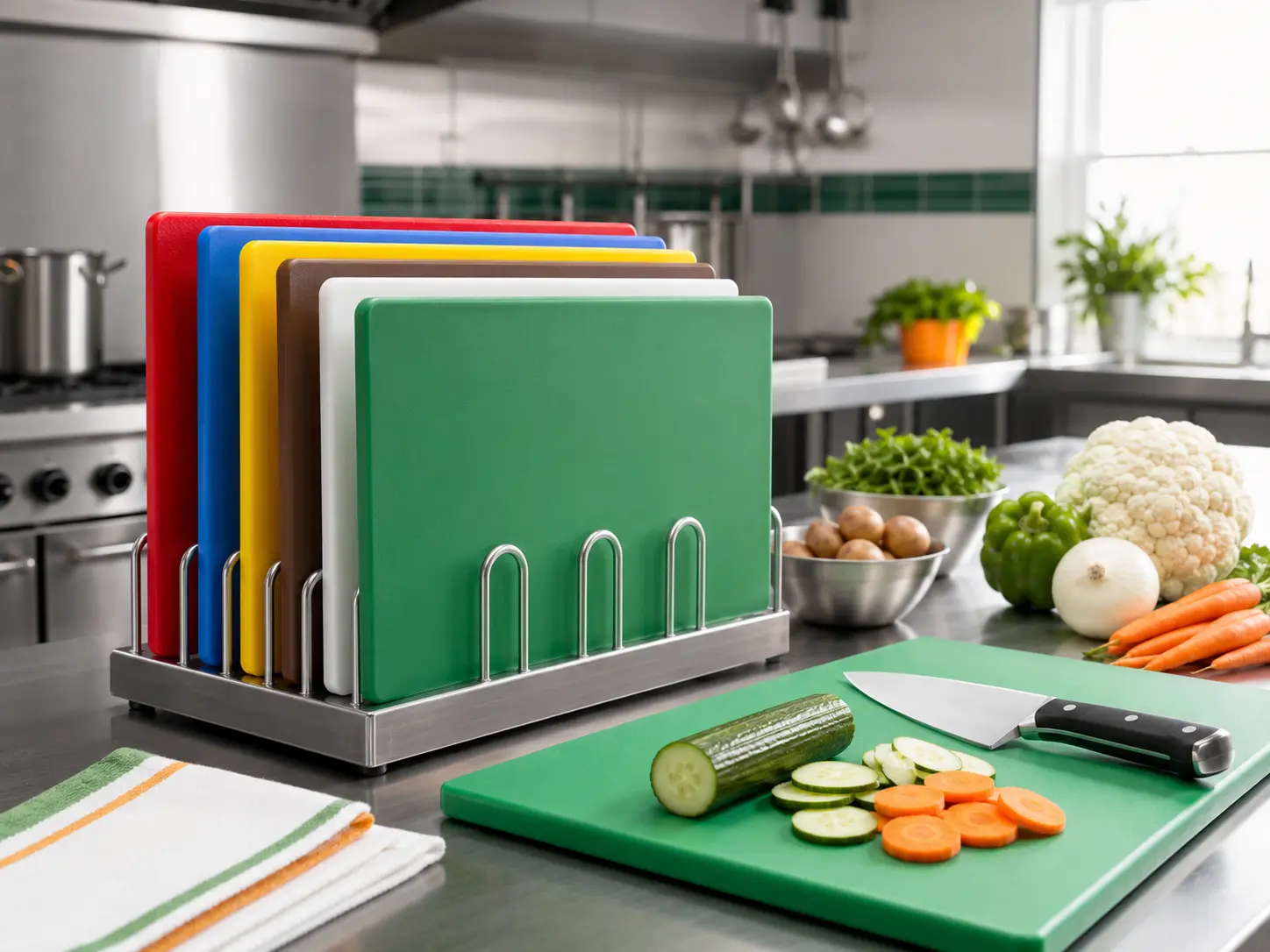 Colour coded chopping boards in a commercial kitchen with vegetables, knife and Irish flag colour accents