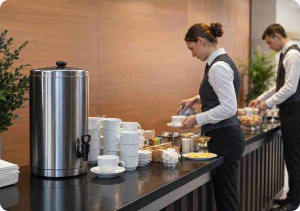 Large stainless steel Burco water boiler on a hotel coffee station counter with catering staff arranging cups