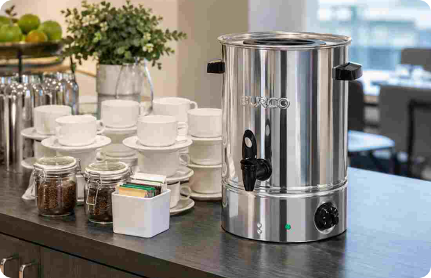 Burco stainless steel manual-fill water boiler on a catering buffet counter with teacups and tea bags