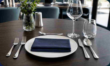 Formal place setting with GenWare stainless steel cutlery, white plate and navy napkin