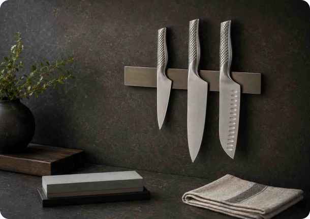 Three Global stainless steel knives on a magnetic strip beside a whetstone