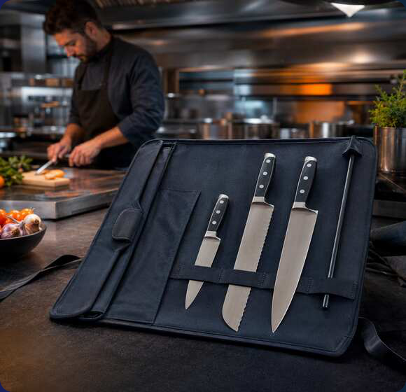 Chef knife set in a professional kitchen