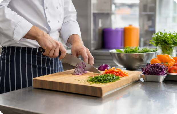 Chef preparing vegetables with a chef’s knife