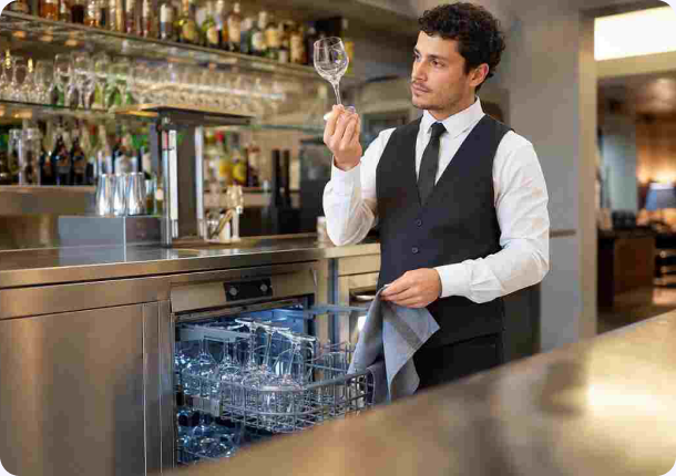 Bartender inspecting a clear wine glass beside an open commercial glasswasher packed with clean glassware