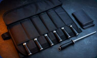 Professional knife roll with knives and honing steel