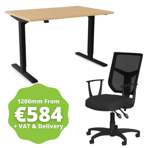 Zoom Sit/Stand Desk 1200mm Black Frame/Beech & OA Mesh Fixed Arm Chair Black