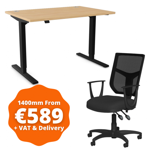 Zoom Sit/Stand Desk 1400mm Black Frame/Beech & OA Mesh Fixed Arm Chair Black