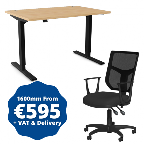 Zoom Sit/Stand Desk 1600mm Black Frame/Beech & OA Mesh Fixed Arm Chair Black