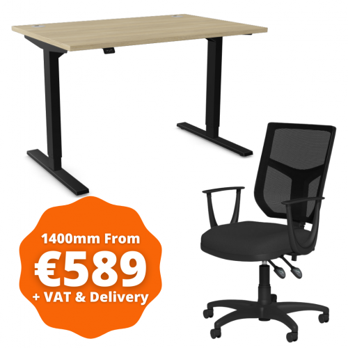 Zoom Sit/Stand Desk 1400mm Black Frame/Urban Oak & OA Mesh Fixed Arm Chair Black