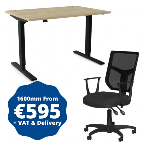 Zoom Sit/Stand Desk 1600mm Black Frame/Urban Oak & OA Mesh Fixed Arm Chair Black