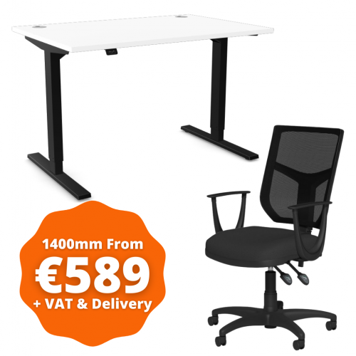 Zoom Sit/Stand Desk 1400mm Black Frame/White & OA Mesh Fixed Arm Chair Black