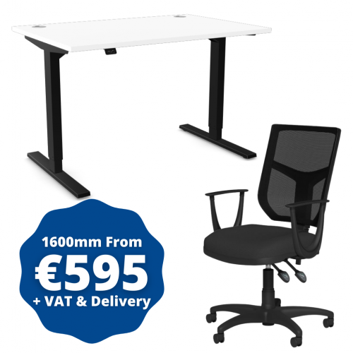 Zoom Sit/Stand Desk 1600mm Black Frame/White & OA Mesh Fixed Arm Chair Black