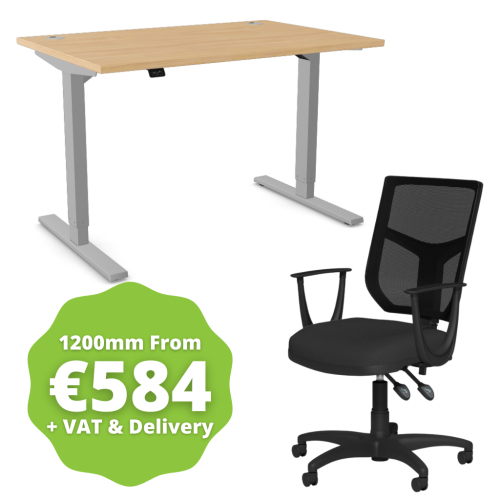 Zoom Sit/Stand Desk 1200mm Silver Frame/Beech & OA Mesh Fixed Arm Chair Black
