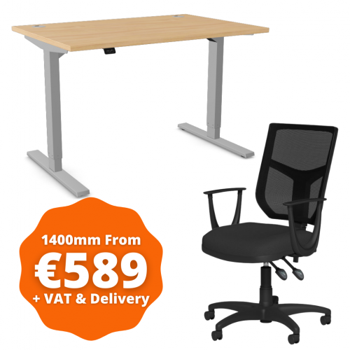 Zoom Sit/Stand Desk 1400mm Silver Frame/Beech & OA Mesh Fixed Arm Chair Black
