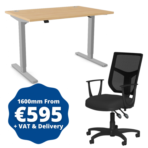 Zoom Sit/Stand Desk 1600mm Silver Frame/Beech & OA Mesh Fixed Arm Chair Black