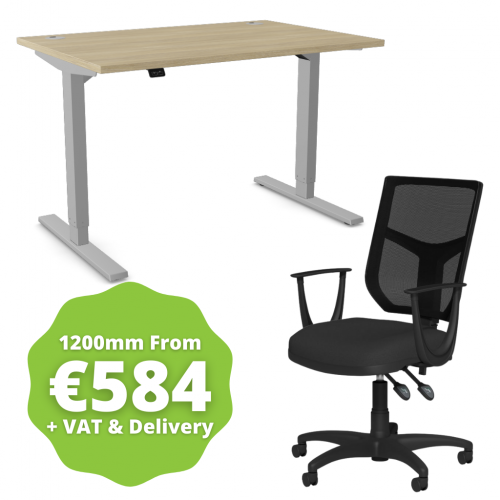 Zoom Sit/Stand Desk 1200mm Silver Frame/Urban Oak & OA Mesh Fixed Arm Chair Black