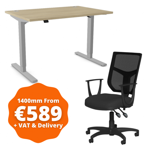 Zoom Sit/Stand Desk 1400mm Silver Frame/Urban Oak & OA Mesh Fixed Arm Chair Black