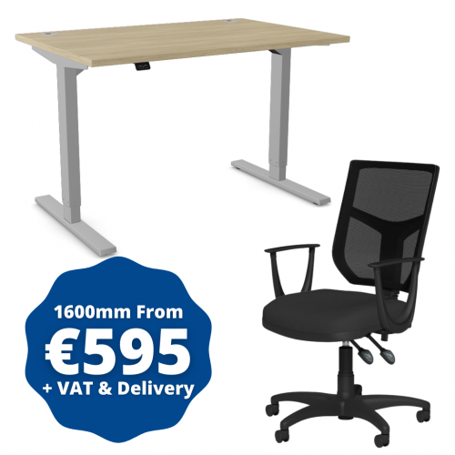 Zoom Sit/Stand Desk 1600mm Silver Frame/Urban Oak & OA Mesh Fixed Arm Chair Black