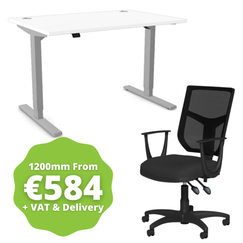Zoom Sit/Stand Desk 1200mm Silver Frame/White & OA Mesh Fixed Arm Chair Black
