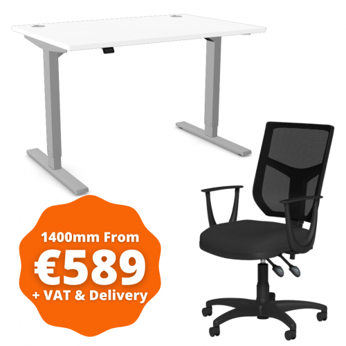 Zoom Sit/Stand Desk 1400mm Silver Frame/White & OA Mesh Fixed Arm Chair Black