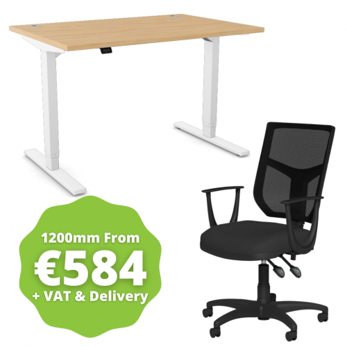 Zoom Sit/Stand Desk 1200mm White Frame/Beech & OA Mesh Fixed Arm Chair Black