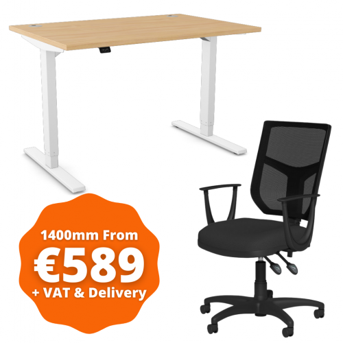 Zoom Sit/Stand Desk 1400mm White Frame/Beech & OA Mesh Fixed Arm Chair Black