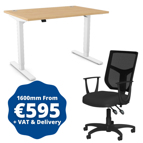 Zoom Sit/Stand Desk 1600mm White Frame/Beech & OA Mesh Fixed Arm Chair Black
