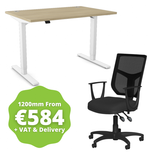 Zoom Sit/Stand Desk 1200mm White Frame/Urban Oak & OA Mesh Fixed Arm Chair Black