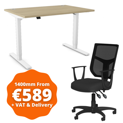 Zoom Sit/Stand Desk 1400mm White Frame/Urban Oak & OA Mesh Fixed Arm Chair Black