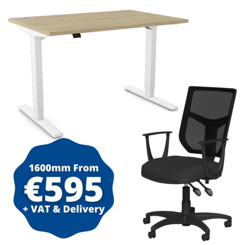 Zoom Sit/Stand Desk 1600mm White Frame/Urban Oak & OA Mesh Fixed Arm Chair Black