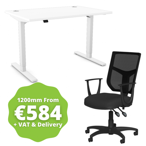 Zoom Sit/Stand Desk 1200mm White Frame/White & OA Mesh Fixed Arm Chair Black
