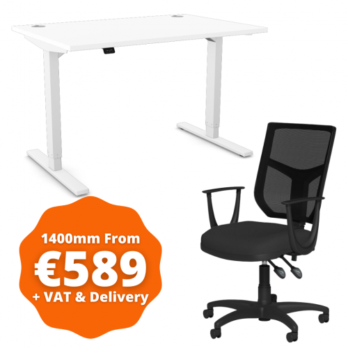 Zoom Sit/Stand Desk 1400mm White Frame/White & OA Mesh Fixed Arm Chair Black
