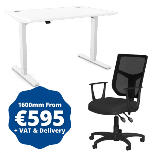 Zoom Sit/Stand Desk 1600mm White Frame/White & OA Mesh Fixed Arm Chair Black