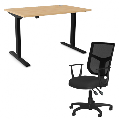 Zoom Sit/Stand Desk 1600mm Black Frame/Beech & OA Mesh Fixed Arm Chair Black