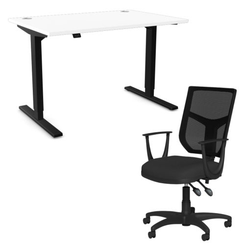 Zoom Sit/Stand Desk 1600mm Black Frame/White & OA Mesh Fixed Arm Chair Black