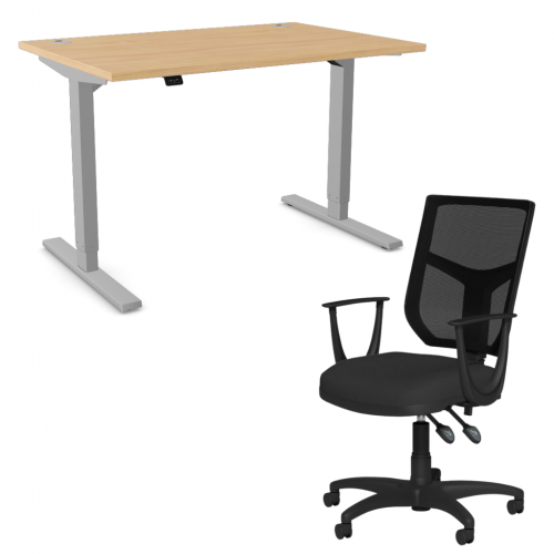 Zoom Sit/Stand Desk 1200mm Silver Frame/Beech & OA Mesh Fixed Arm Chair Black