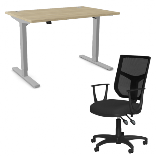 Zoom Sit/Stand Desk 1400mm Silver Frame/Urban Oak & OA Mesh Fixed Arm Chair Black