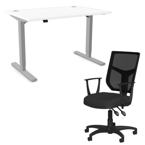 Zoom Sit/Stand Desk 1600mm Silver Frame/White & OA Mesh Fixed Arm Chair Black