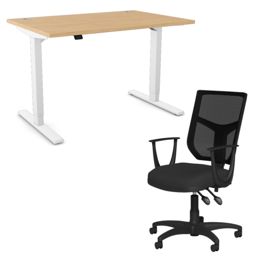 Zoom Sit/Stand Desk 1600mm White Frame/Beech & OA Mesh Fixed Arm Chair Black