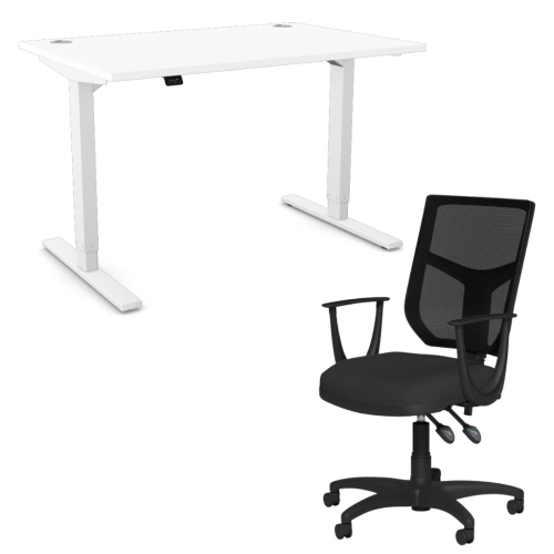 Zoom Sit/Stand Desk 1400mm White Frame/White & OA Mesh Fixed Arm Chair Black