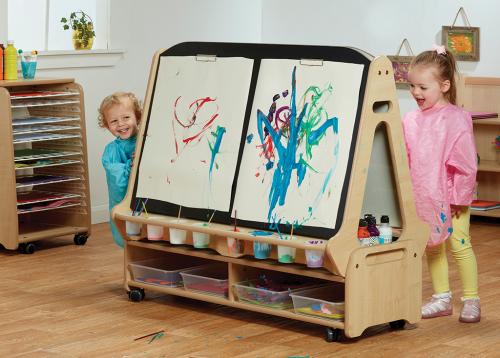 Double-sided 4 Station Chalk/Whiteboard Easel with Low Storage Trolley    
