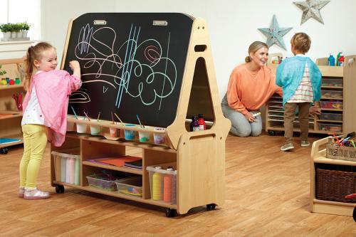 Double-sided 4 Station Chalk/Whiteboard Easel with Tall Easel Storage Trolley    
