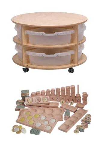 Double Tier Mobile Circular Storage Unit plus Clear Tubs and PT1145 Indoor Maths Kit