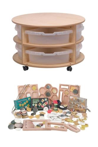 Double Tier Mobile Circular Storage Unit plus Clear Tubs and PT1146 Loose Parts Kit